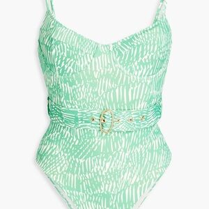 Jonathan Simkhai Mint Green and White One-Piece Swimsuit with Belt